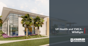 Rendering image of the new Wildlight Community with text reading "UF Health and YMCA - Wildlight"