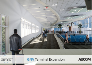 This rendering of the Gainesville Regional Airport shows the interior of the terminal expansion, with travelers walking through the expanded terminal.